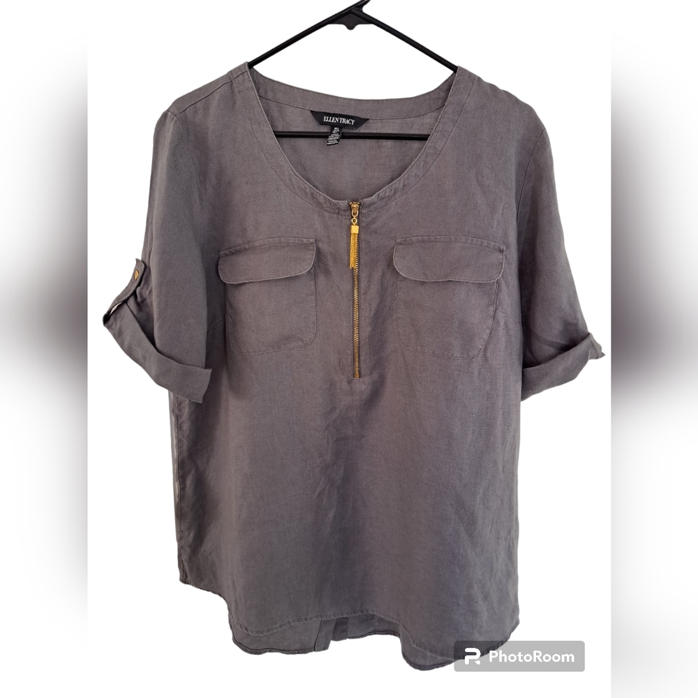 Ellen Tracy Gray Linen Top